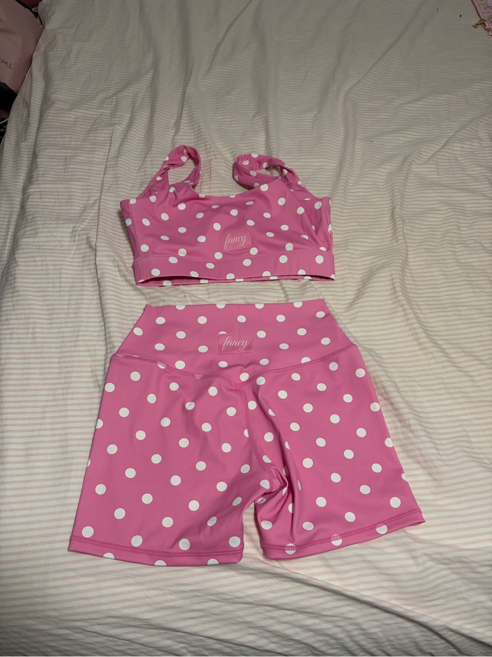Fancy Pink Polka Dot Women's Workout set Crop Top & Shorts